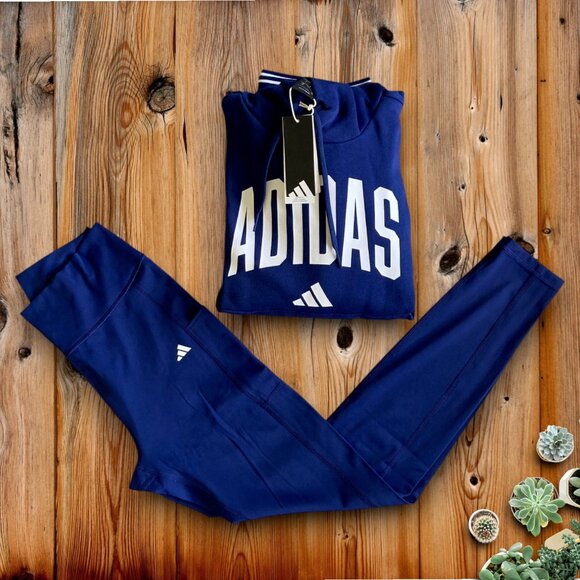 NWT 2 pc adidas outfit size XL womens hoodie sweatshirt and leggings set blue - Picture 1 of 4